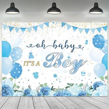 Imagem de Riyidecor Oh Baby Shower Boy Pano de fundo de 18 x 1,5 m bonito desenho animado urso azul balão floral flor ouro pontos fundo fotografia recém-nascido decoração suprimentos banner adereços sessão de fotos pano de tecido