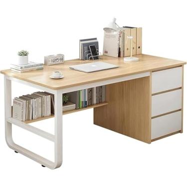 Imagem de Mesa de escritório multifuncional moderna com 3 gavetas e prateleiras de armazenamento - Mesa de pé ajustável para estação de trabalho de computador e área de estudo, tronco, 140 x 48 x 75 cm