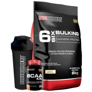 Imagem de Kit Hipercalórico 6 Six Bulking Baunilha 6kg + BCAA 4,5 Tangerina 100g + Coqueteleira – Bodybuilders