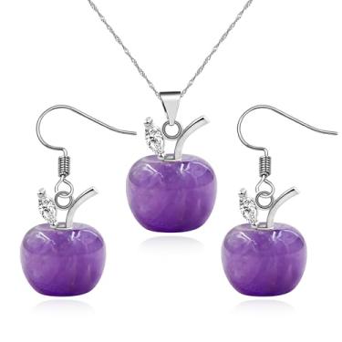 Imagem de Vivaday Conjunto feminino de colar e brincos de cristal de maçã | Brincos de gota de maçã de cristal natural com folha de zircão | Corrente de latão Joia de Natal para mãe esposa professora YA4030,