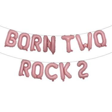 Imagem de Born Two Rock 2 Birthday Decorations Rock and Roll 2nd Birthday Party Supplies with Born Two Rock Balloon Banner Cake Topper Balloon for Rock Band Music Theme Party (BORN TWO ROCK 2 Pink)