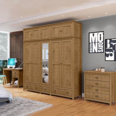 Imagem de Conjunto Quarto: Guarda-Roupa 10 Portas, Escrivaninha, Cômoda 4 Gavetas Freijó Topázio Madeira Pinus - Finestra