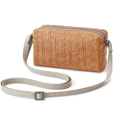 Imagem de BBORGDC Bolsa transversal pequena de palha para mulheres, bolsa de férias com compartimento duplo de tecido marrom com alça de telefone ajustável, carteira de praia de verão boho, carteira de telefone