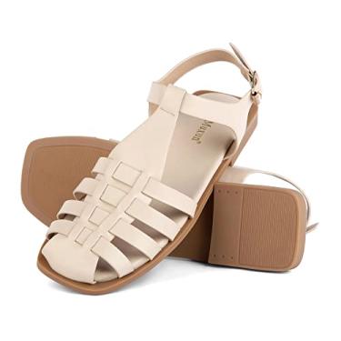 Imagem de MaxMuxun Sandália feminina de bico fechado confortável, tira no tornozelo recortada, gaiola de verão, sapatos romanos, Bege claro, 9