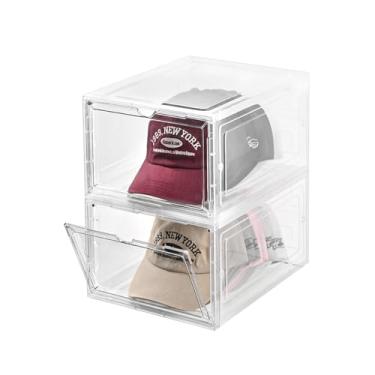 Imagem de beehomay Caixa organizadora de chapéus, caixa de suporte de bonés de beisebol transparentes empilháveis com porta magnética para armazenamento de bonés snapback, armazenamento transparente de chapéu