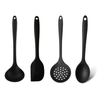 Imagem de Kit Utensílios de Silicone Premium Completo - Colher de Arroz, Concha, Escumadeira e Espátula Pão Duro (Preto)