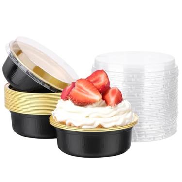 Imagem de Beasea Ramequins descartáveis com tampas, pacote com 20, 250 ml, 260 ml, 10 cm, copos redondos descartáveis de folha de alumínio, cupcake, mini pudim para festa, preto dourado