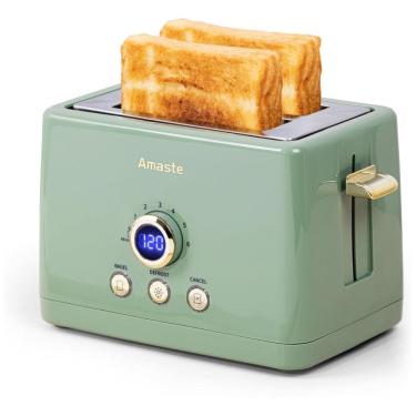 Imagem de Torradeira Elétrica Retrô 2 Fatias com 6 Níveis de Tostagem em Aço Inoxidável e Painel Digital, 110V 850W, Amaste, Verde