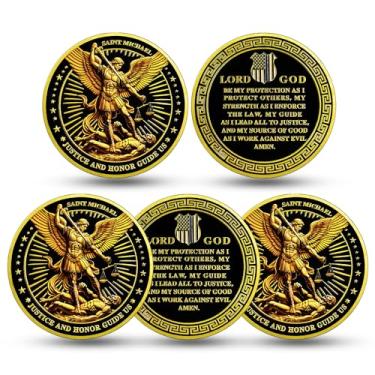 Imagem de RYUKENLM Pacote com 5 moedas Saint Michael Police Challenge Police Officer Prayer Coins Law Enforcement Medalhão de agradecimento pelo seu serviço, símbolo de agradecimento para policial, linha azul