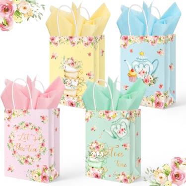 Imagem de Whaline 24 peças de sacos de presente de papel para festa de chá com flores de papel de seda, bule de chá, bule de chá, sacos de lembrancinha de festa com alça, sacos de guloseimas para chá de bebê,