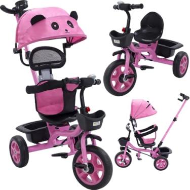 Imagem de Triciclo Carrinho de Passeio 2 em 1 Infantil Assento Giratório 360° com Capota Solar Porta Objetos Cinto de Segurança até 50kg Haste Empurrador Cestos e Rodas de EVA INMETRO (Rosa)