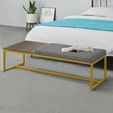 Imagem de Calçadeira Recamier Londres 140cm Industrial Dourado Suede Cinza Tampo Quadrado mdf Nogal - Ahz Móveis