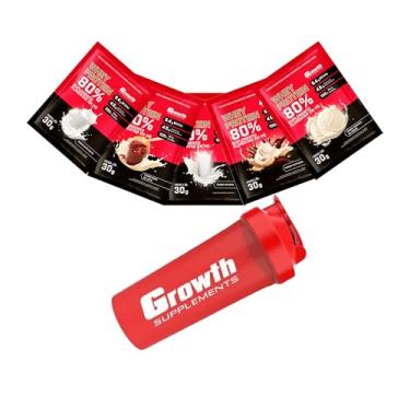 Imagem de Combo - Whey Protein Concentrado 30g em Sachê, 5un (sabores variados) e Coqueteleira Vermelha (único, Natural, cappuccino, leite em pó, sorvete de creme e doce de leite)