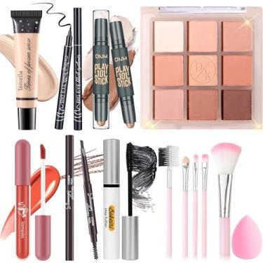 Imagem de YBUETE Kit de maquiagem para mulheres, meninas, adolescentes, conjunto de presente de maquiagem, inclui 9 sombras coloridas, palito, base, lápis de sobrancelha, delineador, rímel, brilho labial, 5