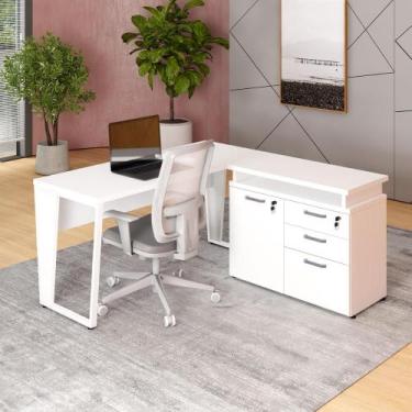 Imagem de Mesa L Escritório 1,5m Pé Metal Armário 3 Gavetas 1 Porta F5 - F5 Offi