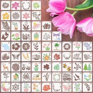 Imagem de Estênceis de flores para pintura, modelos de desenho de arte profissional, 64 peças, plástico PET transparente 3x3 com padrões de girassol rosa para arte de parede doméstica, pintura em tela