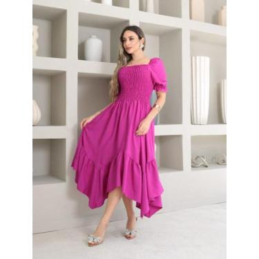 Imagem de Vestido midi de ponta liso crepinho lastex  Manga Curto - NoBrand, Fúc