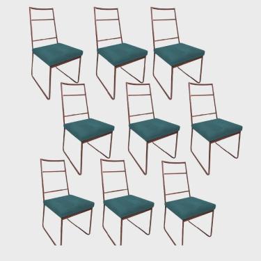 Imagem de Kit 09 Cadeiras Sala de Jantar Escritório Office Stark Industrial Ferro Bronze Suede Azul Turquesa - Ahz Móveis