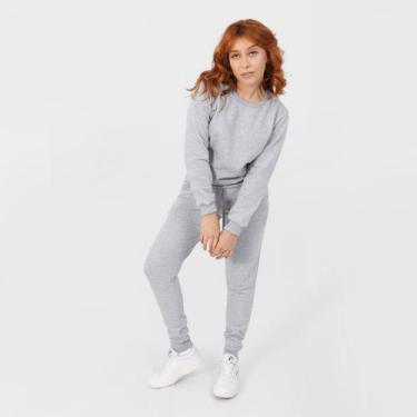 Imagem de Conjunto moletom feminino blusa gola careca + calça - Maeli, Cinza, P