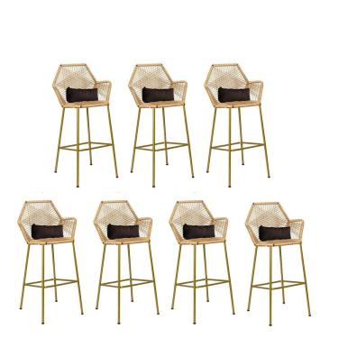 Imagem de Kit 07 Banqueta Alta Sttar Ferro Dourado Fibra Palha Almofada Corino Marrom - Amey Decor