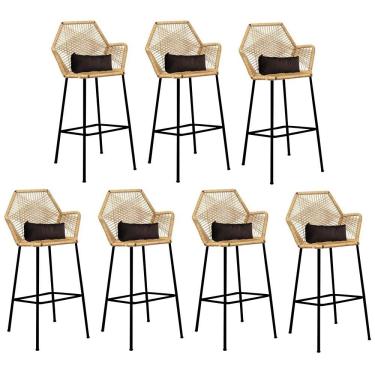 Imagem de Kit 07 Banqueta Alta Sttar Ferro Preto Fibra Palha Almofada Corino Marrom - Amey Decor