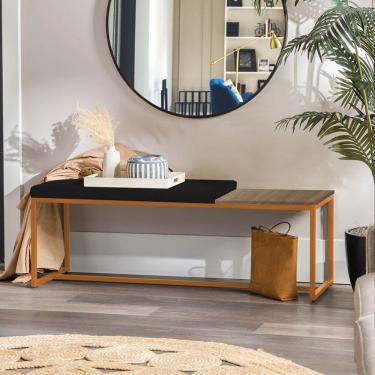 Imagem de Banco Recamier Puff 195cm Industrial Bronze Suede Preto Tampo Quadrado Mdf Rústico