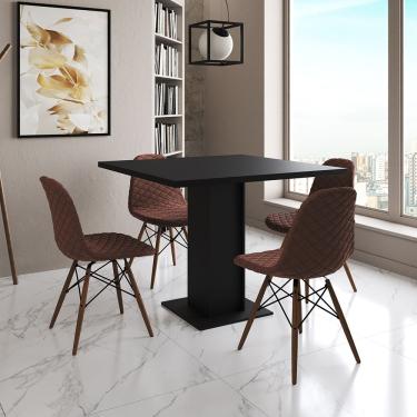 Imagem de Mesa Jantar Londres Quadrada Preta 90Cm 4 Cadeiras Eames Estofadas Caramelo Madeira
