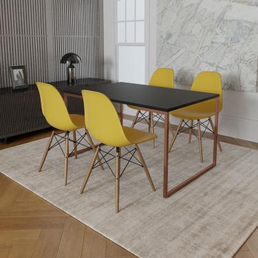 Imagem de Mesa Industrial Base Ferro Cobre Tampo 137X90 Preto 4 Cadeiras Madeira Assento Amarelo Preto