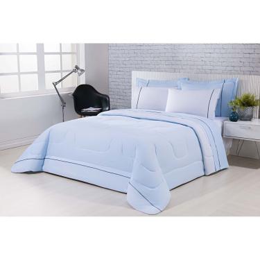 Imagem de Kit Edredom 100% Algodão Percal 150 Fios Dupla Casal + Jogo De Cama Gran Moratta 7 Peças Azul-branco