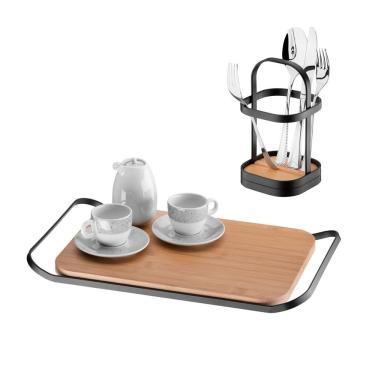 Imagem de Kit Bandeja E Porta Talheres De Madeira Com Metal Preto Fosco Future