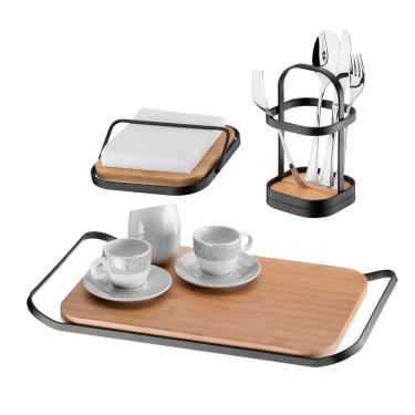 Imagem de Kit Bandeja Porta Guardanapo E Porta Talheres De Madeira Com Metal Preto Fosco Future