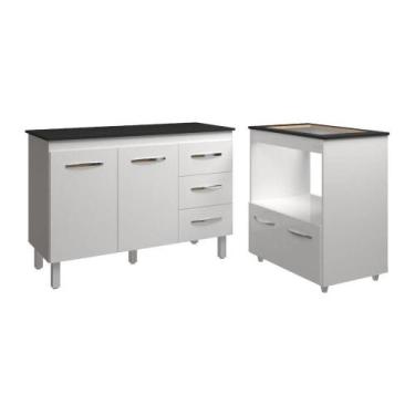 Imagem de Balcão Armário Gabinete Bruna 118 Cm Branco Com Tampo Preto E Balcão E