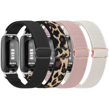 Imagem de Pacote com 4 pulseiras elásticas para Fitbit Inspire 3 para mulheres e homens, pulseiras esportivas de reposição para Fitbit Inspire 3 Fitness Tracker (preto + leopardo + rosa + luz das estrelas)