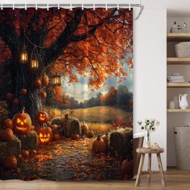 Imagem de BCNEW Cortina de chuveiro de fazenda outono floresta rústica abóbora bordo floresta palheiro país outono cena natural colheita dia de ação de graças tecido poliéster decoração de banheiro 70×70
