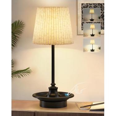 Imagem de GyroVu Luminária De Mesa Preta Sem Fio, Recarregável, Portátil, Com Led, Pequena Lâmpada Fio Sensível Ao Toque Para Quarto, Sala Estar, Restaurante, 3 Níveis Brilho, Abajur Tecido Bege E Corpo Metal