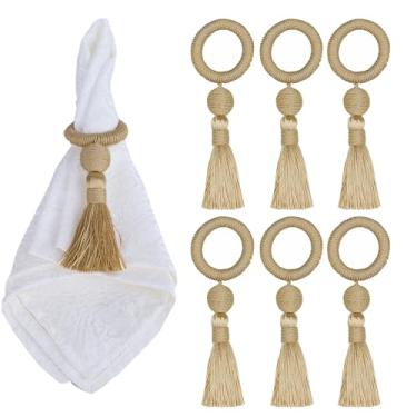 Imagem de HedongHexi Conjunto De 6 Anéis Guardanapo, Madeira Com Borla, Borla Para Decoração Casa, Mesa Porta-Anéis Rústico (Dourado, Unidades)