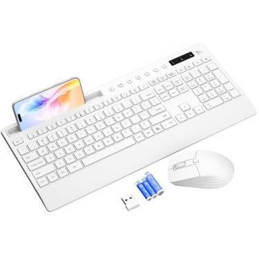 Imagem de Combo de teclado e mouse sem fio branco – Teclados silenciosos de tamanho completo com apoio para as mãos, suporte de telefone, teclas multimídia, baterias incluídas, teclado de escritório compatível