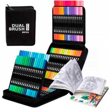 Imagem de Kit 80 Canetas Ponta Dupla Brush e Fineline Estojo Pasta Organizador Colorir Pintar Desenho Conjunto Multicores Arte Escolar Colorida Pen Lettering