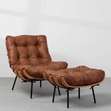 Imagem de Poltrona Costela com Puff Couro Natural - Caramelo