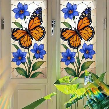 Imagem de Starlit Patio Película de privacidade de flor azul borboleta estilo vitral aderência estática sem cola painel decorativo filtro de luz para porta, janela, cozinha, 45 x 99,8 cm