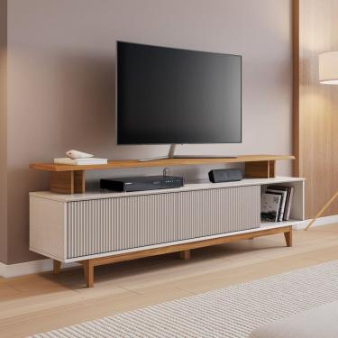 Imagem de Rack Para Tv Até 75 Polegadas Com Pés De Madeira E Porta Basculante Off White/freijó Trend