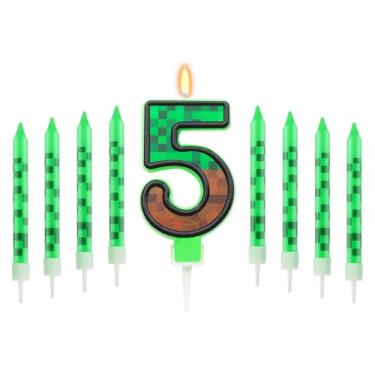 Imagem de Vela de aniversário de 5 anos com tema Pixels, topo de bolo Pixels para meninos e meninas, conjunto de 9 velas com tema de desenho animado de jogo, suprimentos para festa de aniversário (número 5)