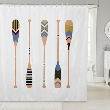 Imagem de Cortinas de chuveiro infantis com remo de barco, cortinas de banheiro para meninos e homens, cortinas impermeáveis simples brancas azuis rústicas, 12 ganchos, 182 cm L x 183 cm C