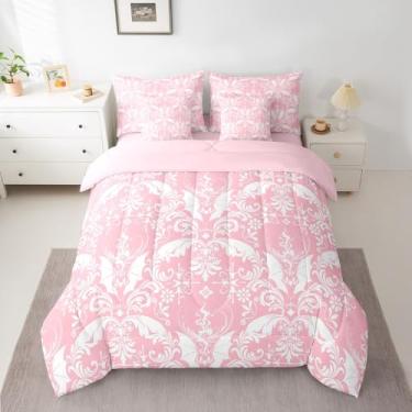 Imagem de Conjunto de cama vintage floral ombré, rosa, branco, tamanho casal, boêmio, damasco, para meninos e meninas, conjunto de cama damasco jacquard inclui edredom, conjunto de lençol, fronhas e fronhas