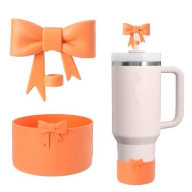 Imagem de AXMCCH Tampa de garrafa de silicone de 7,5 cm e topo de canudo em forma de laço de 10 mm para copo Stanley de 340 a 1,134 g (2 peças laranja)