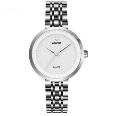 Imagem de Relógio Feminino De Quartzo Minimalista Pulseira De Aço Inoxidável A Prova D´agua Branco Prata