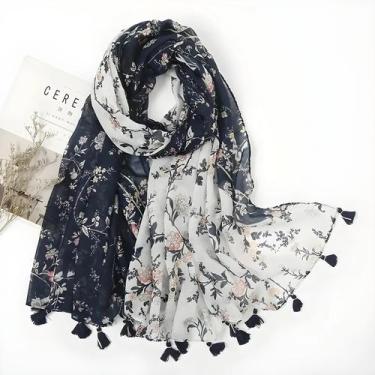 Imagem de Xale Feminino Vintage Floral - Algodão e Linho com Franjas - 180x90cm,