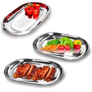 Imagem de Jogo com 3 Baixela Oval de 30cm Bandeja em Aço Inox Travessa Servir Porções Restaurante Buffet
