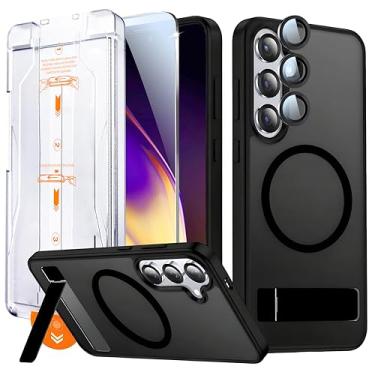 Imagem de QSEVNSQ Capa para Samsung Galaxy S24 Ultra com suporte, capa magnética para Magsafe com [protetor de tela de vidro temperado + protetor de câmera] Capa fosca translúcida preta