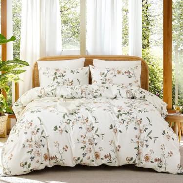 Imagem de Cozaline Conjunto de capa de edredom 100% algodão Queen – Roupa de cama floral botânica vintage, algodão natural ultramacio respirável, 3 peças de capa de edredom estilo cottagecore francês com fecho